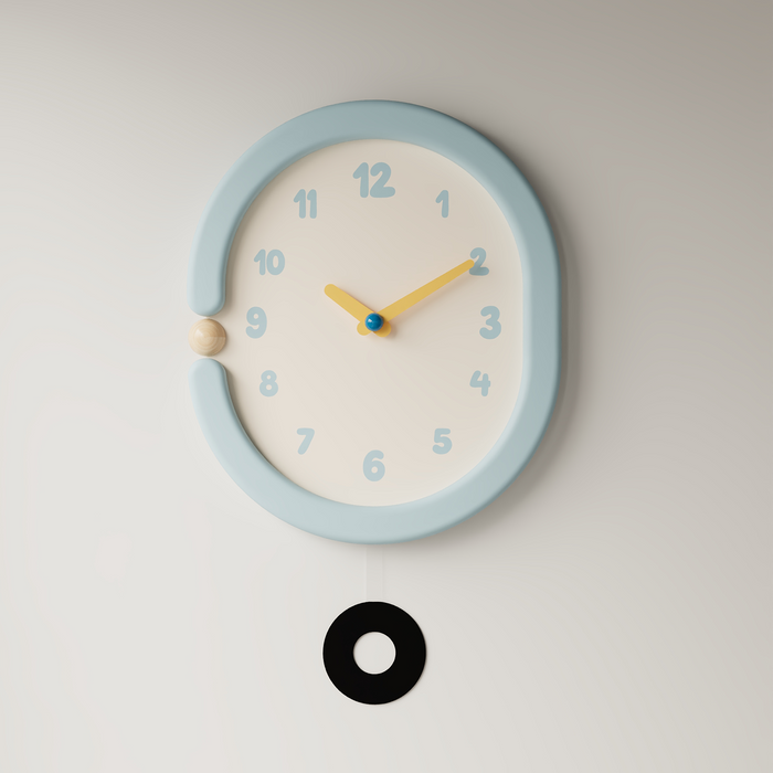 Oval light blue wall clock with pendulum for home decor