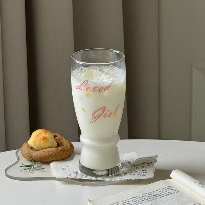 Loved Girl tall glass with decorative script lettering