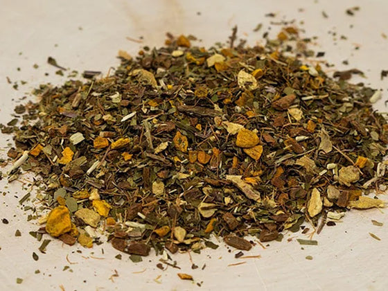 Fire Fighter herbal tea blend with turmeric, ginger, peppermint, dandelion leaf, yerba mate, cinnamon, and cat’s claw