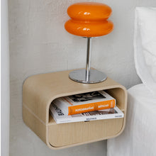 Oak floating nightstand with single drawer for wall-mounted bedside storage