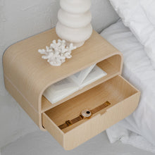 Oak floating nightstand with single drawer for wall-mounted bedside storage