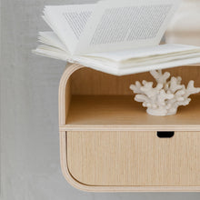 Oak floating nightstand with single drawer for wall-mounted bedside storage