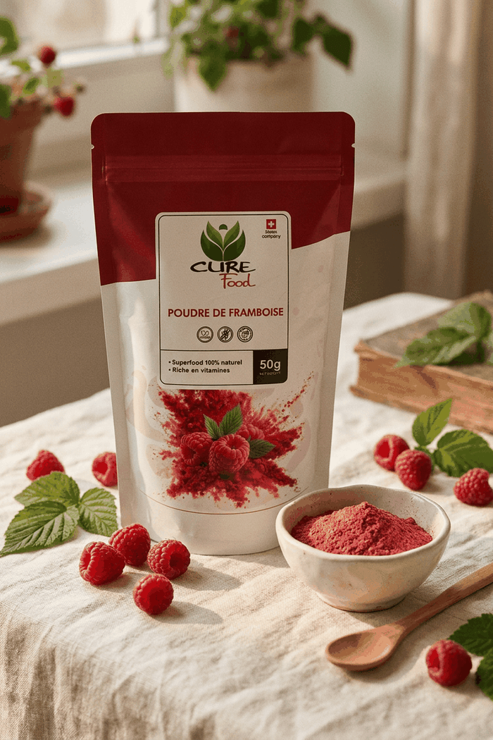 Organic raspberry powder for smoothies, desserts and baking