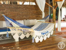 Knossos blue and white cotton L-bar hammock with wooden spreader bars