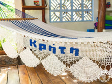 Knossos blue and white cotton L-bar hammock with wooden spreader bars