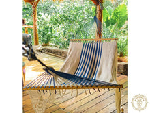 Knossos blue and white cotton L-bar hammock with wooden spreader bars