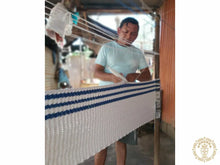 Knossos blue and white cotton L-bar hammock with wooden spreader bars