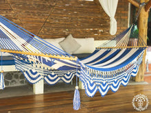 Eleutheria Greek flag-inspired cotton L-bar hammock in blue and white