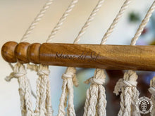 Hand-woven Deluxe Masaya cotton spreader bar hammock with decorative fringe and wooden bars