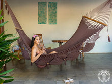 Granada chocolate cotton L-bar hammock with wooden spreader bars