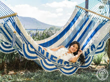 Nicaragua L-bar cotton hammock in blue and white with wooden spreader bars