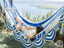 Nicaragua L-bar cotton hammock in blue and white with wooden spreader bars