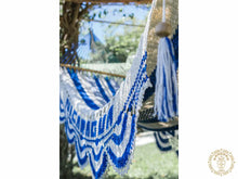 Nicaragua L-bar cotton hammock in blue and white with wooden spreader bars