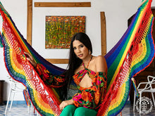 Pride coloured cotton spreader bar hammock handmade in Nicaragua