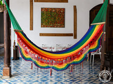Pride coloured cotton spreader bar hammock handmade in Nicaragua