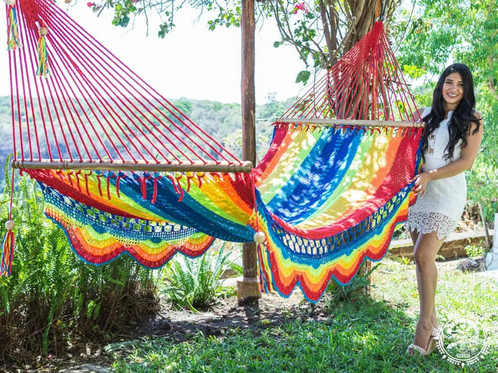 Rivas 2 multicolour cotton bar hammock with wooden spreader bars and decorative fringes