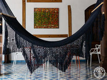 Navy blue handmade Acoyapa L-bar cotton hammock with macramé detailing