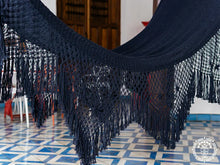 Navy blue handmade Acoyapa L-bar cotton hammock with macramé detailing