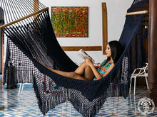 Navy blue handmade Acoyapa L-bar cotton hammock with macramé detailing