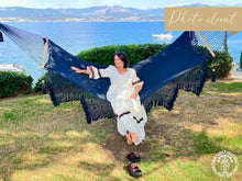 Navy blue handmade Acoyapa L-bar cotton hammock with macramé detailing