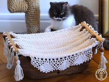 Ecru cat hammock with wooden stand for indoor cats