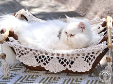 Ecru cat hammock with wooden stand for indoor cats