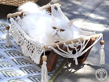 Ecru cat hammock with wooden stand for indoor cats