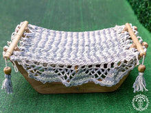 Ecru and pearl grey cotton cat hammock with raw wooden stand