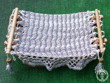 Ecru and pearl grey cotton cat hammock with raw wooden stand