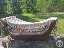 Ecru and pearl grey cotton cat hammock with raw wooden stand
