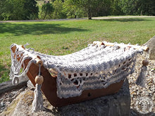 Ecru and pearl grey cotton cat hammock with raw wooden stand