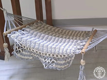 Ecru and pearl grey cotton cat hammock with raw wooden stand
