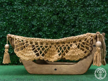 Taupe cat hammock with wooden stand for a cosy raised pet bed
