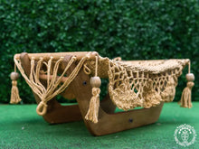Taupe cat hammock with wooden stand for a cosy raised pet bed