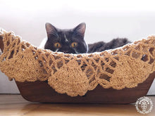 Taupe cat hammock with wooden stand for a cosy raised pet bed