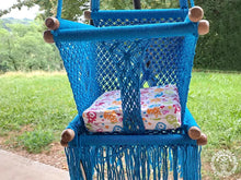 Blue hand-woven macramé baby hammock chair made from cotton