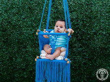 Blue hand-woven macramé baby hammock chair made from cotton