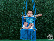 Blue hand-woven macramé baby hammock chair made from cotton