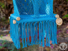 Blue hand-woven macramé baby hammock chair made from cotton