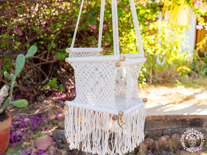 Ecru macramé baby hammock chair with cushion