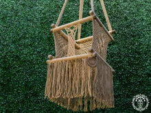 Taupe macramé baby hammock chair made from cotton with wooden fastenings