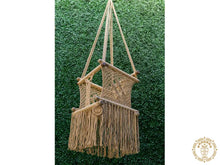 Taupe macramé baby hammock chair made from cotton with wooden fastenings