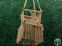 Taupe macramé baby hammock chair made from cotton with wooden fastenings