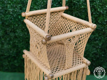 Taupe macramé baby hammock chair made from cotton with wooden fastenings