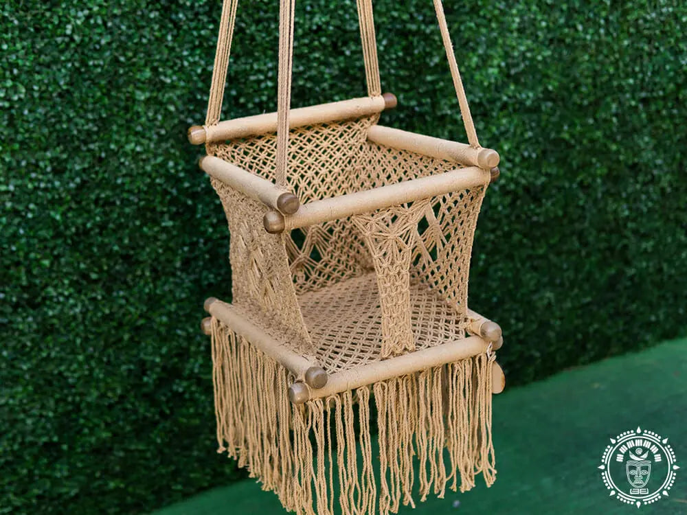 Taupe macramé baby hammock chair made from cotton with wooden fastenings