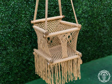 Taupe macramé baby hammock chair made from cotton with wooden fastenings