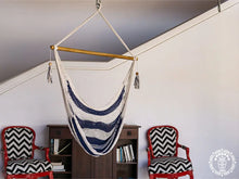 Bluefields XL cotton chair hammock handcrafted in navy blue and ecru