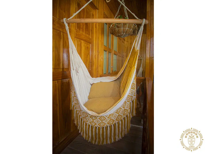 Florencia XL Colombian hammock chair in gold and ecru cotton-rich fabric