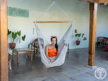 Grey and ecru Jinopete XL cotton hammock chair with wooden spreader bar