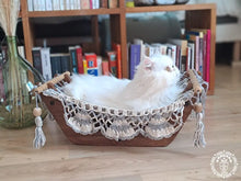 Ecru and pearl grey cotton cat hammock with raw wooden stand